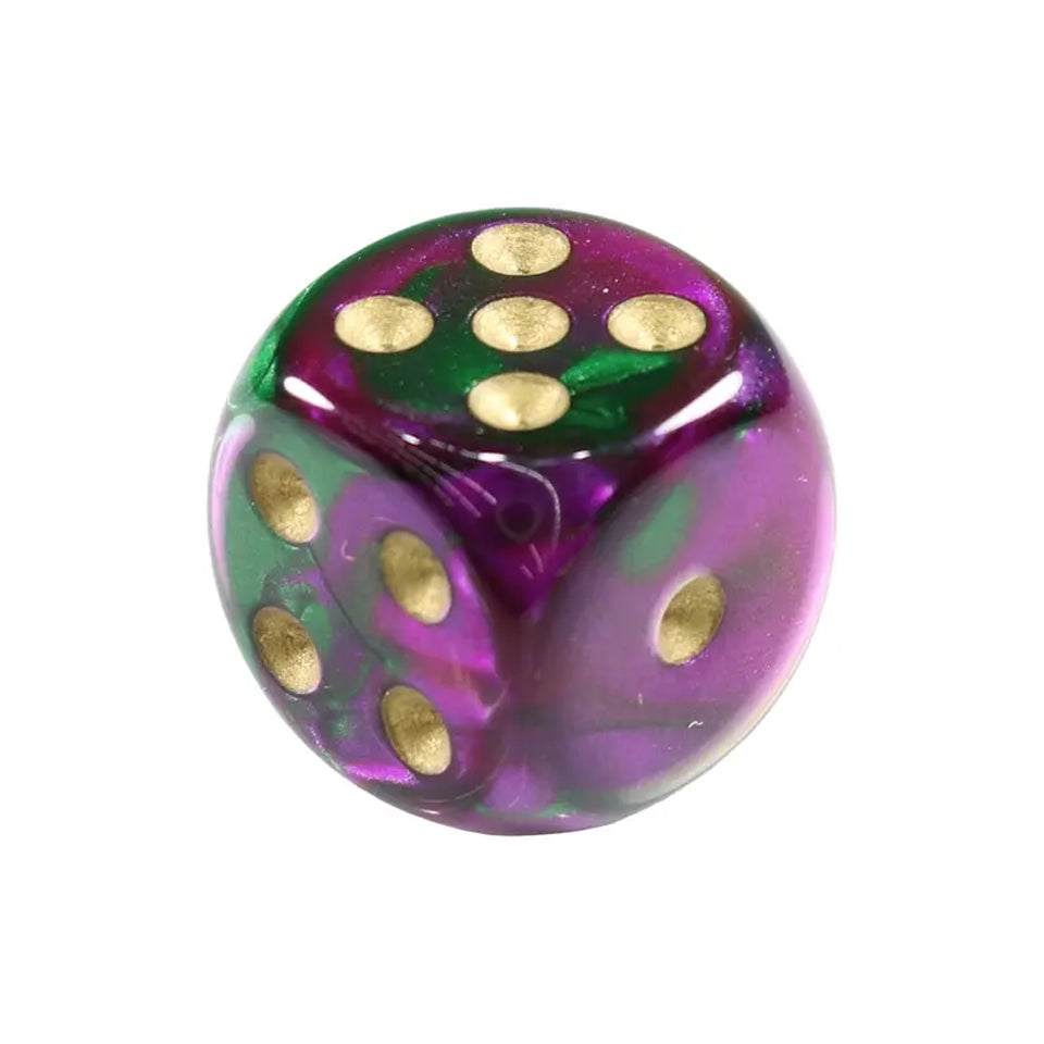 16mm Round Corner Deluxe Dice - Green & Purple With Gold Dots