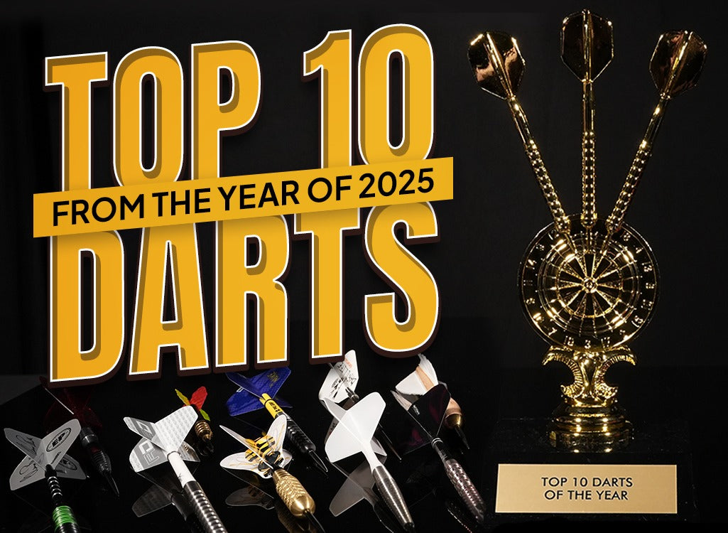 Promotional image for 'Top 10 Darts from the Year of 2025' with darts and a trophy on a black background.