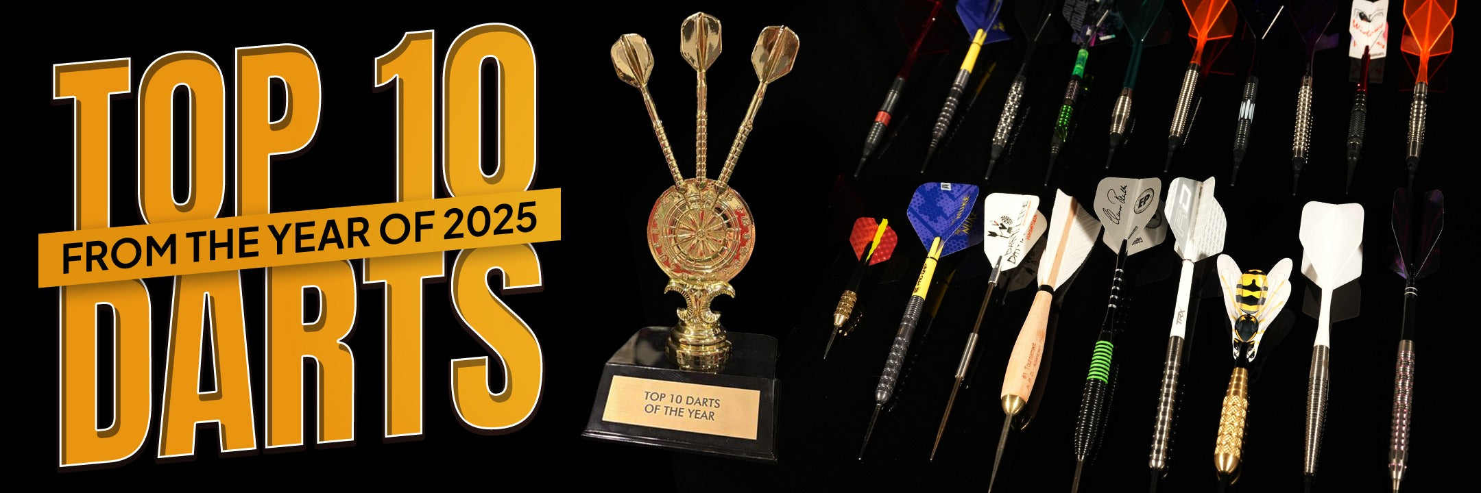 Top 10 darts from the year 2025 with a trophy on a black background