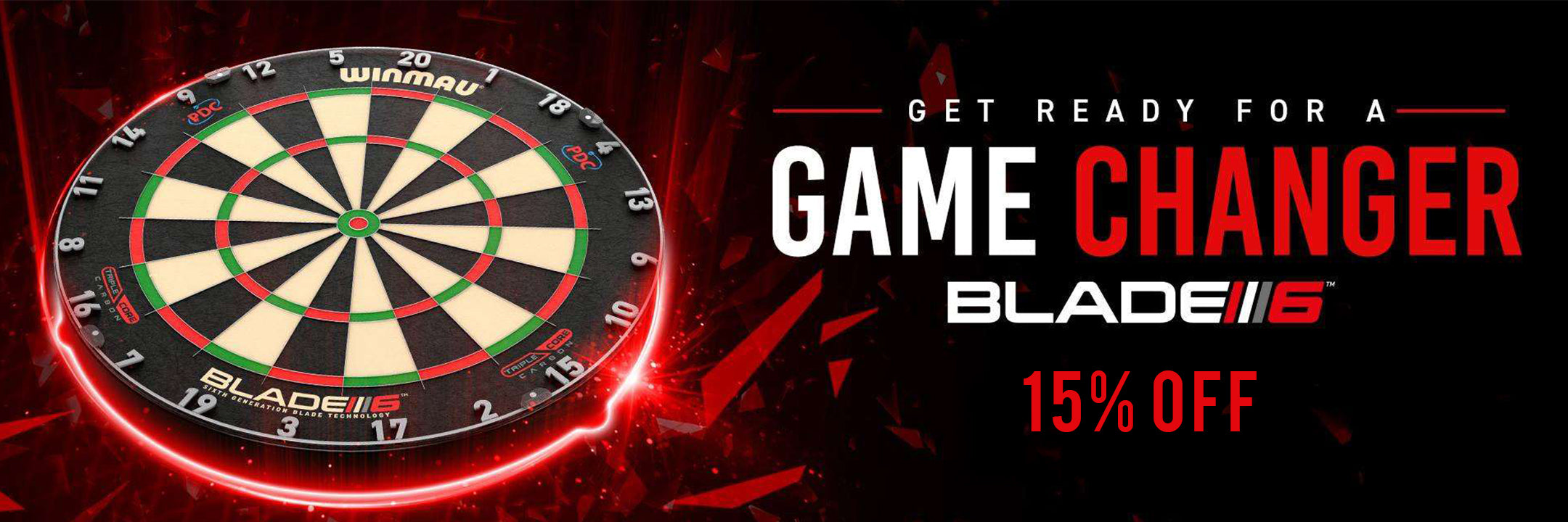 Dartboard with Blade 6 branding and promotional text on a dark background