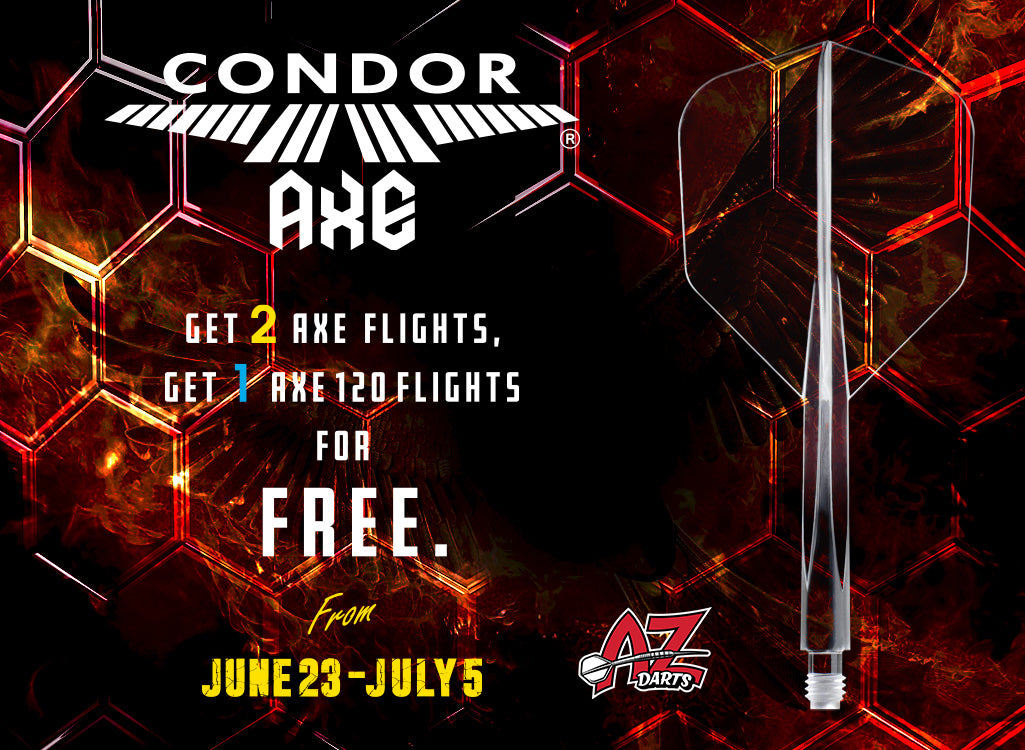 Promotional graphic for Condor Axe darts with a stylized axe and geometric background.
