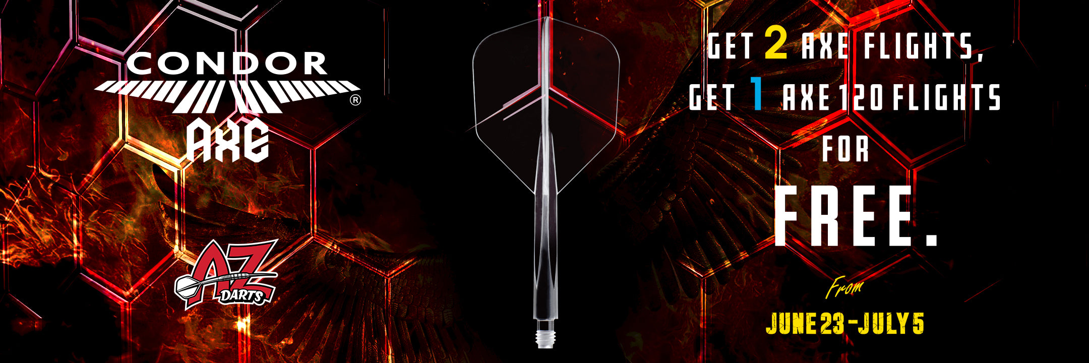 Promotional banner for Condor Axe with axe flight offer details.