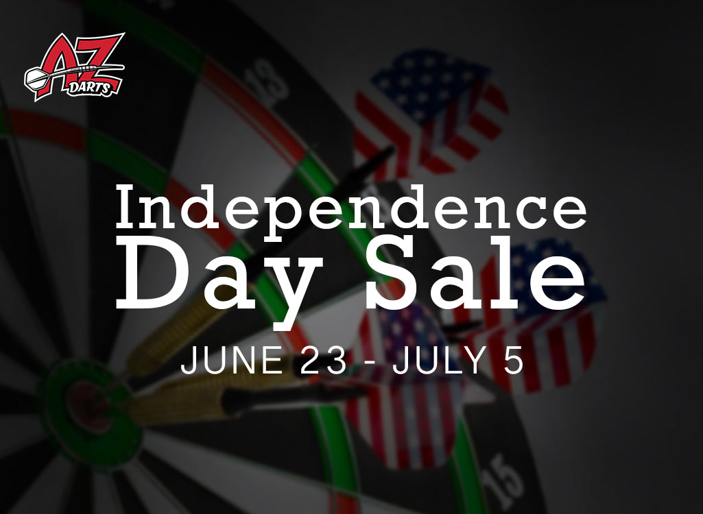 Promotional graphic for Independence Day Sale with darts and American flags on a dark background.