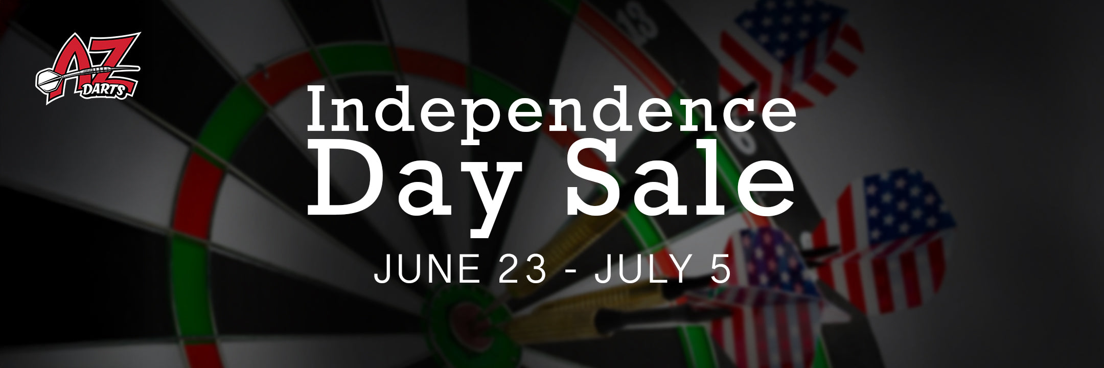 Promotional banner for Independence Day Sale with darts and American flags on a dark background.