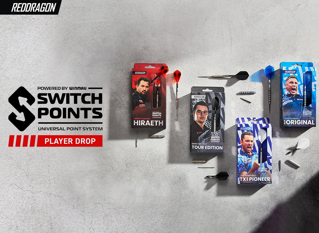 Collection of Red Dragon Player Darts with Switch Points branding on a gray background