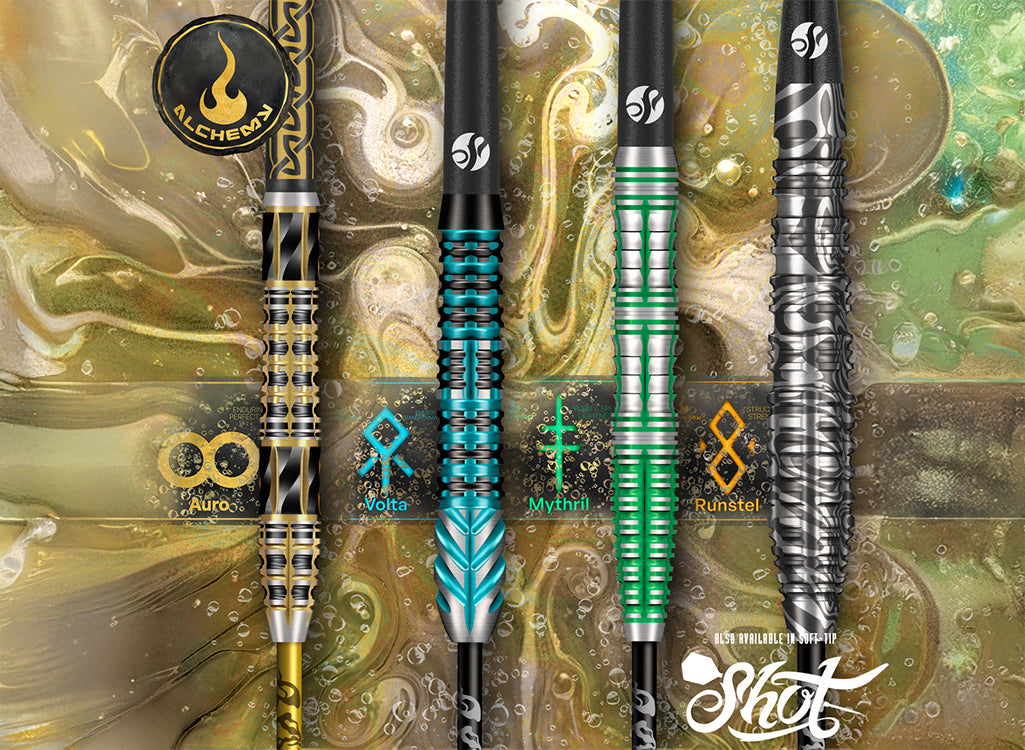 Set of darts with various designs and branding on a decorative background