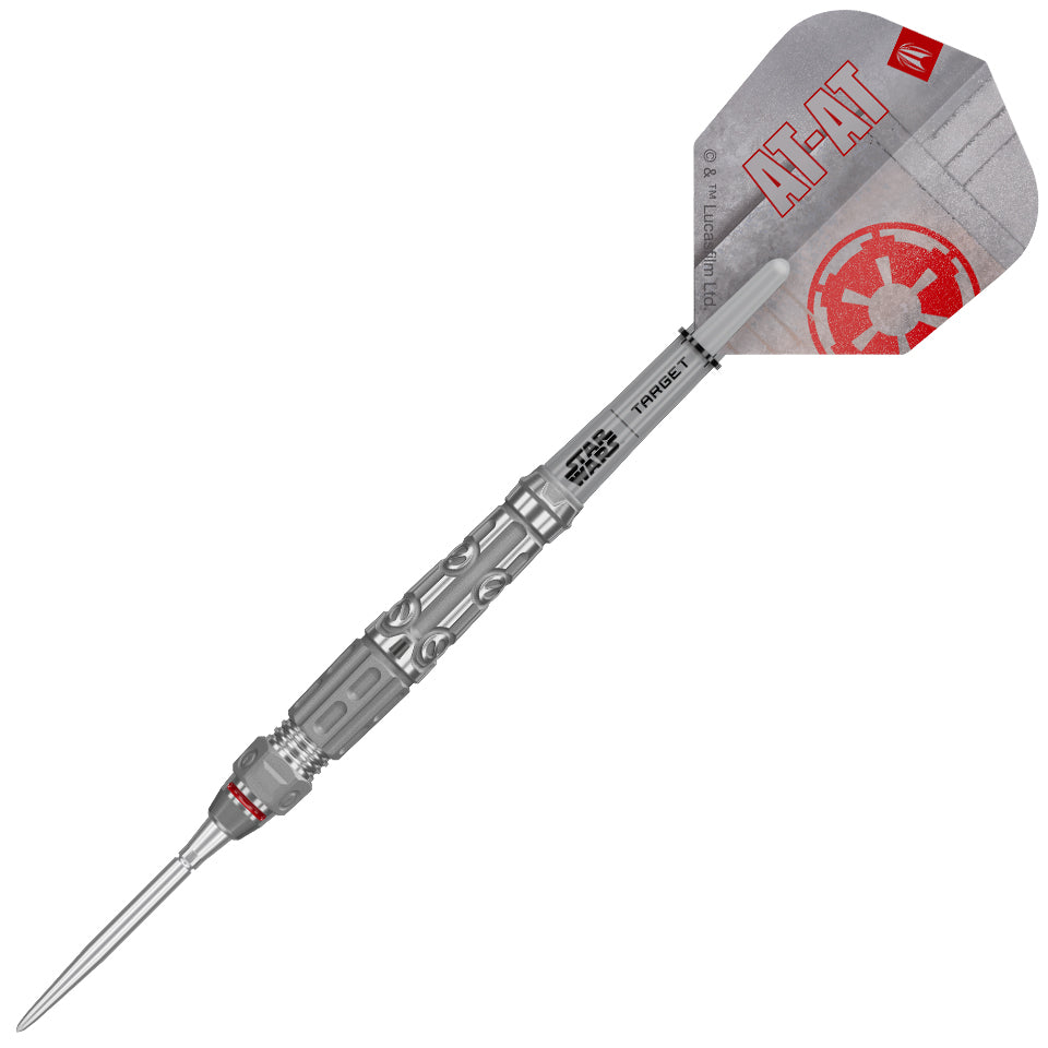 Target Darts Star Wars AT-AT Fléchettes à pointe en acier tungstène 90 % tungstène, 23 g | Pointes de tempête suisses argentées, tiges Pro Grip, ailettes n°6 Pro Ultra et outil Swiss