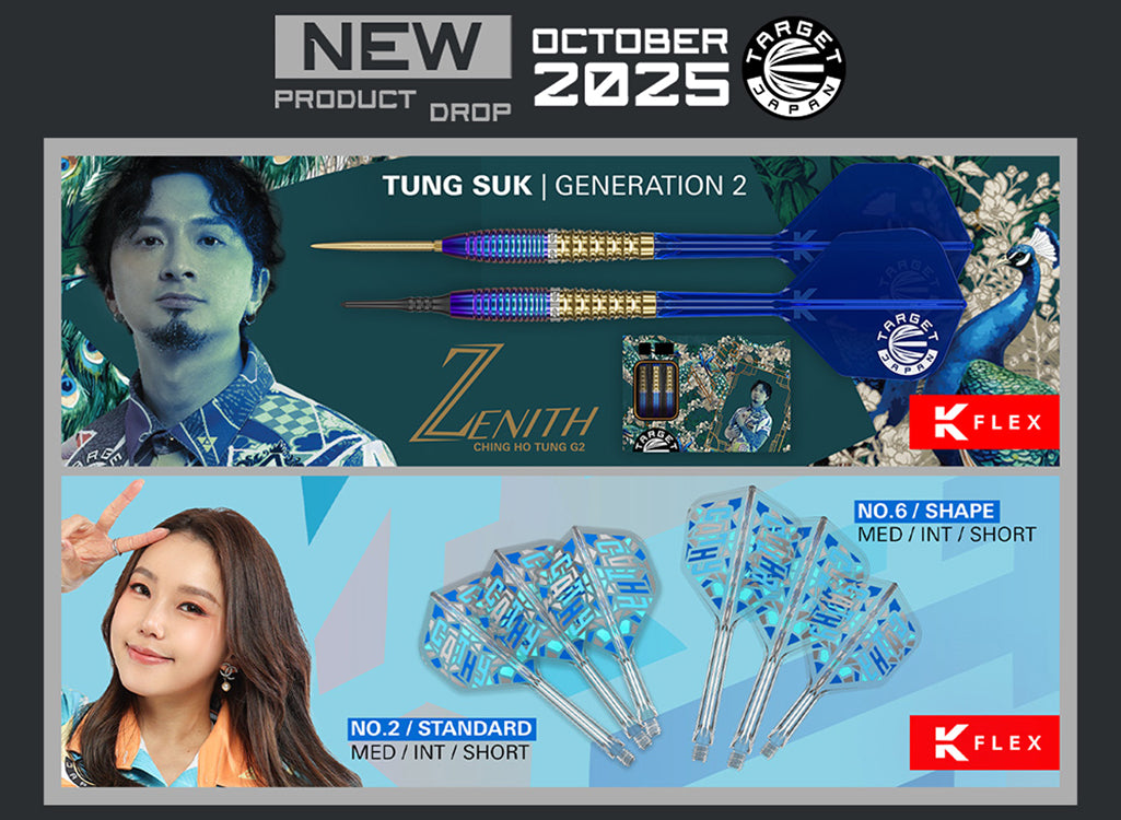 Promotional image of Tung Suk darts with product details and K-Flex branding.