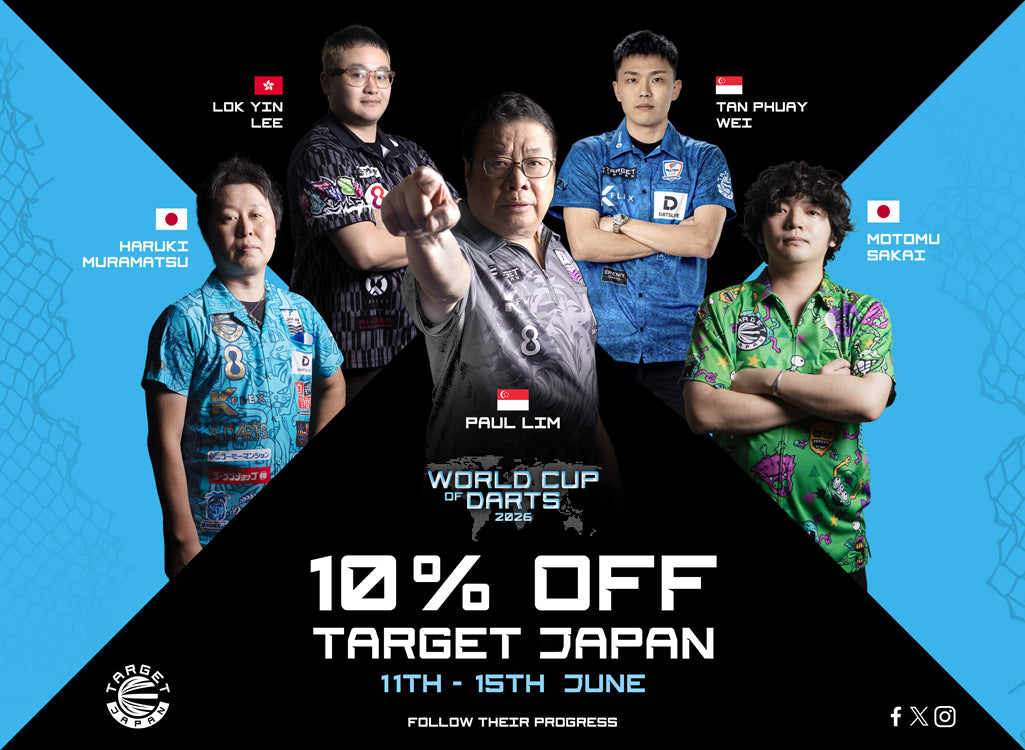 Promotional poster for the World Cup of Darts featuring six players with a black and blue background.