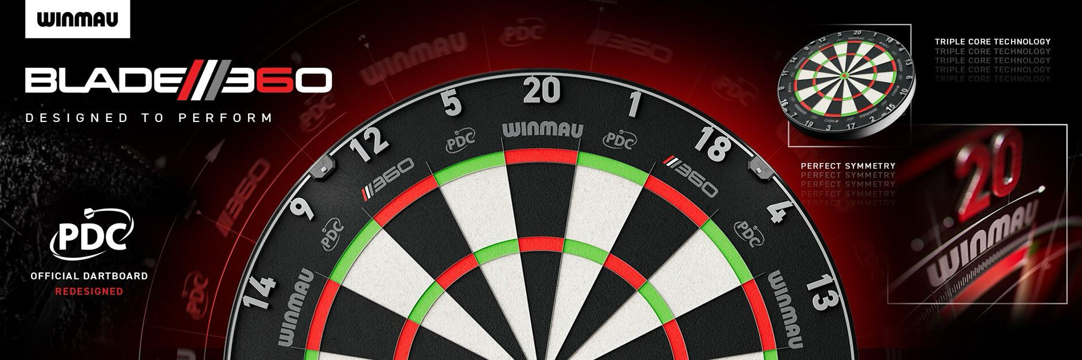 Winmau Blade 360 dartboard with PDC logo on a dark background