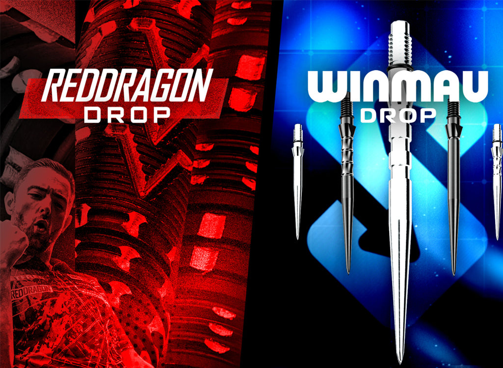 Two product images side by side with 'Redragon Drop' on the left and 'Winmau Drop' on the right, featuring darts.