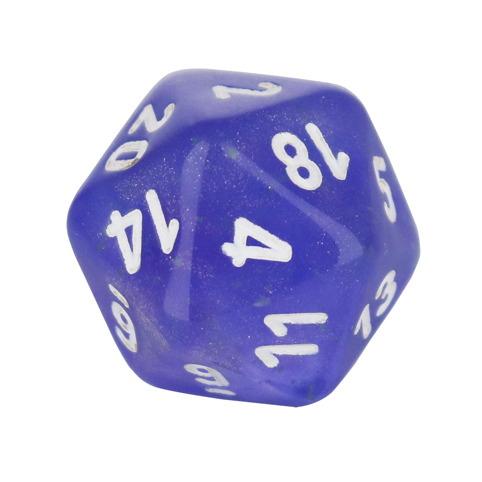 20mm Square Corner D20 Glow In The Dark Dice - Purple With White Numbers