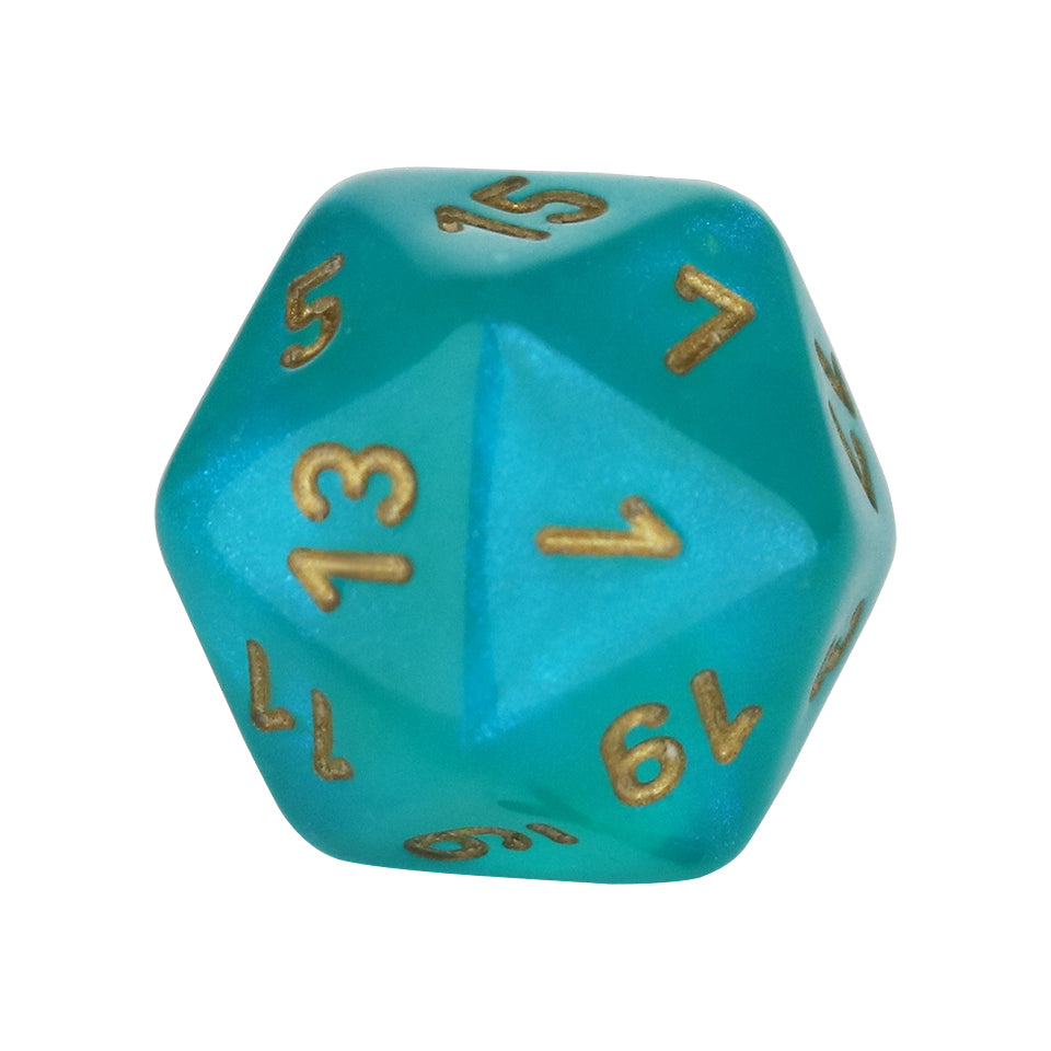 20mm Square Corner D20 Glow In The Dark Dice - Teal With Gold Numbers