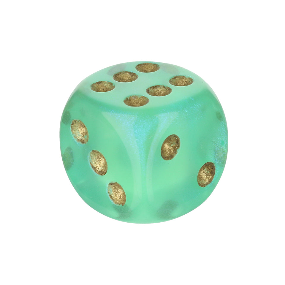 16mm Round Corner Translucent Glitter Dice - Light Green With Gold Dots