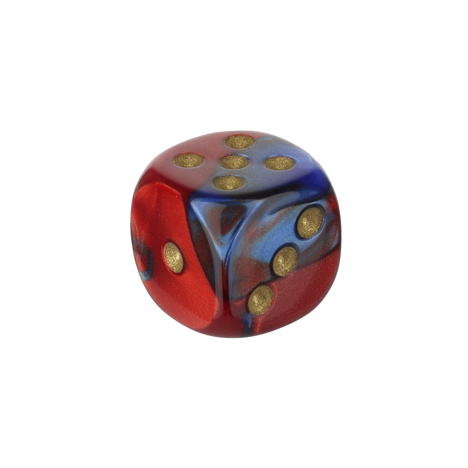 12mm Round Corner Mini Swirl Dice - Blue & Red With Gold Dots