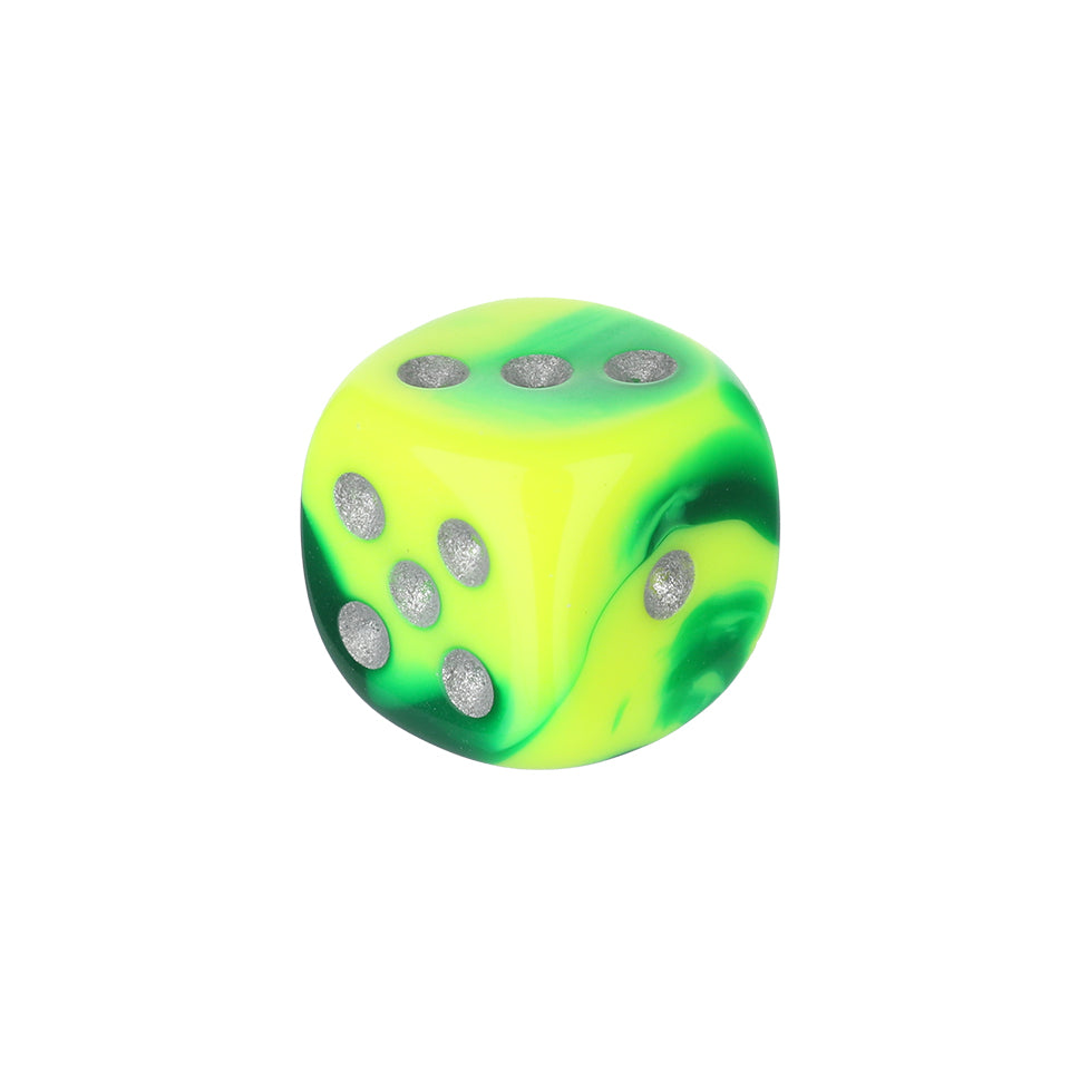12mm Round Corner Swirl Dice - Green & Yellow With Silver Dots