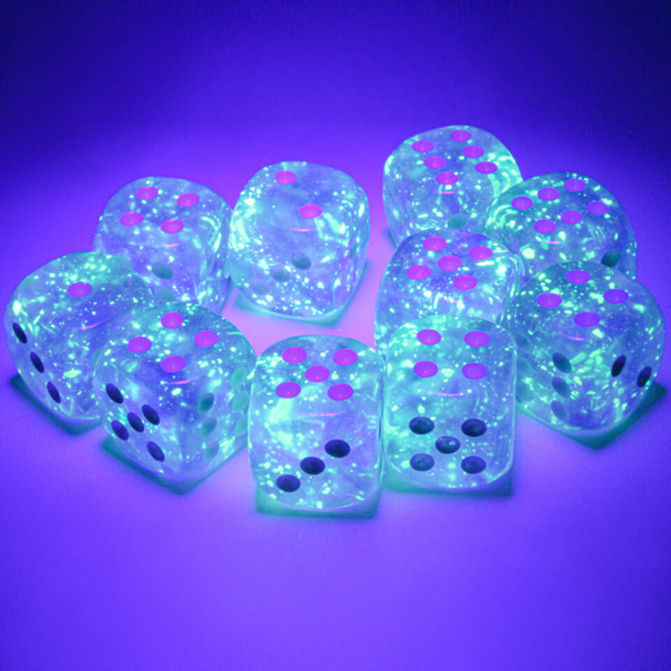12mm Round Corner Mini Glow In The Dark Dice - Purple With White Dots