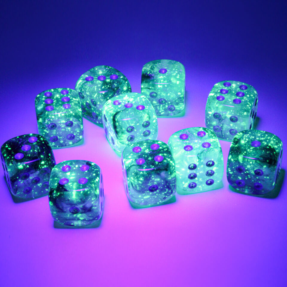 12mm Round Corner Mini Glow In The Dark Dice - Smoke With Silver Dots