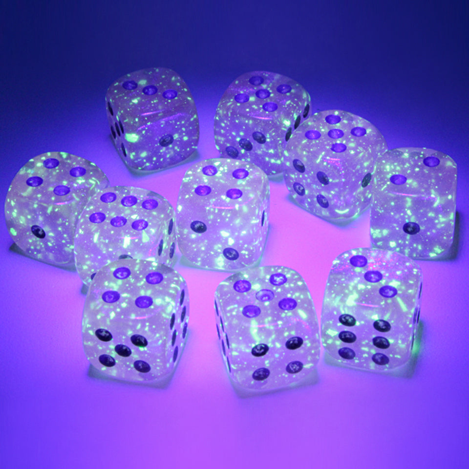 12mm Round Corner Mini Glow In The Dark Dice - Pink With Silver Dots