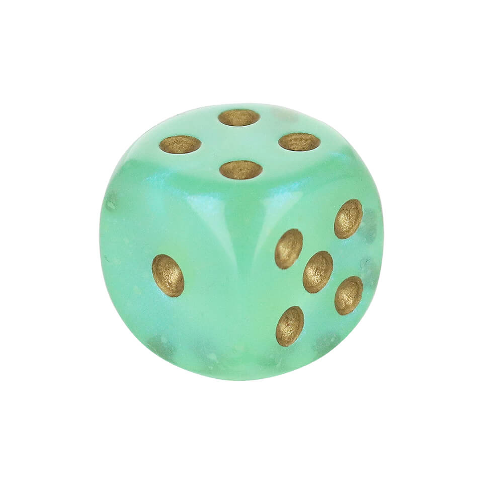 16mm Round Corner Glow in the Dark Dice - Light Green With Gold Dots