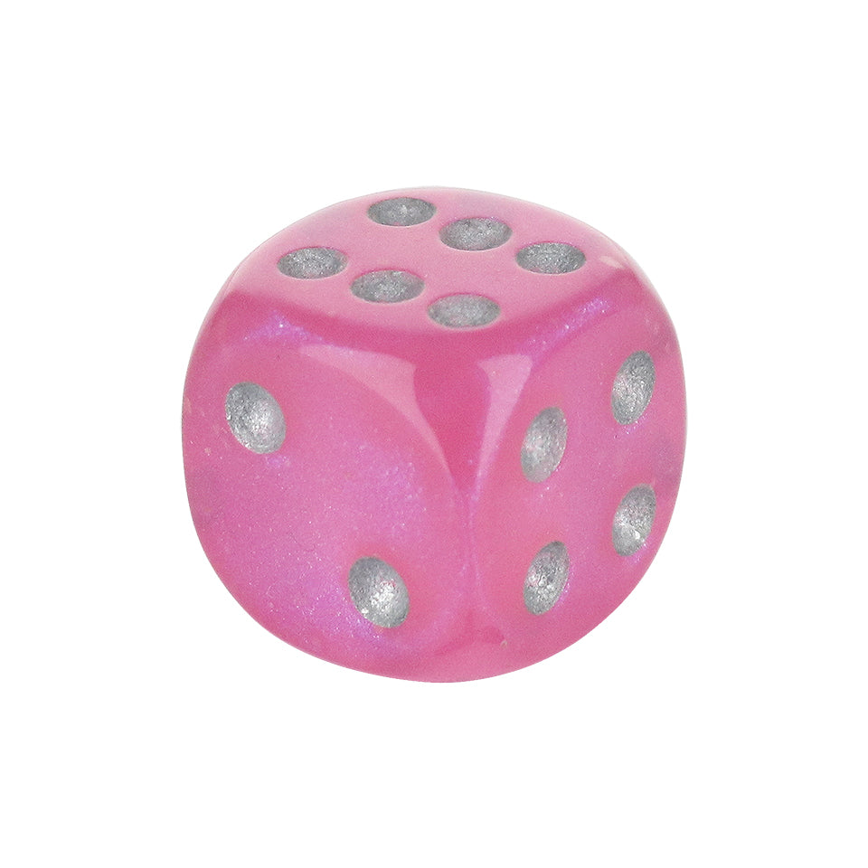 16mm Round Corner Glow in the Dark Dice - Borealis Pink With Silver Dots