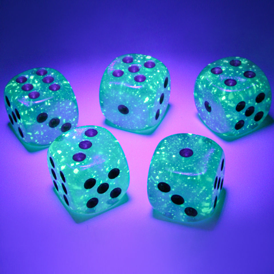 16mm Round Corner Glow in the Dark Dice - Teal With Gold Dots