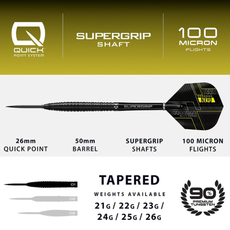 Harrows NX90 Black Tapered Quick Point Steel Tip Darts - 23gm