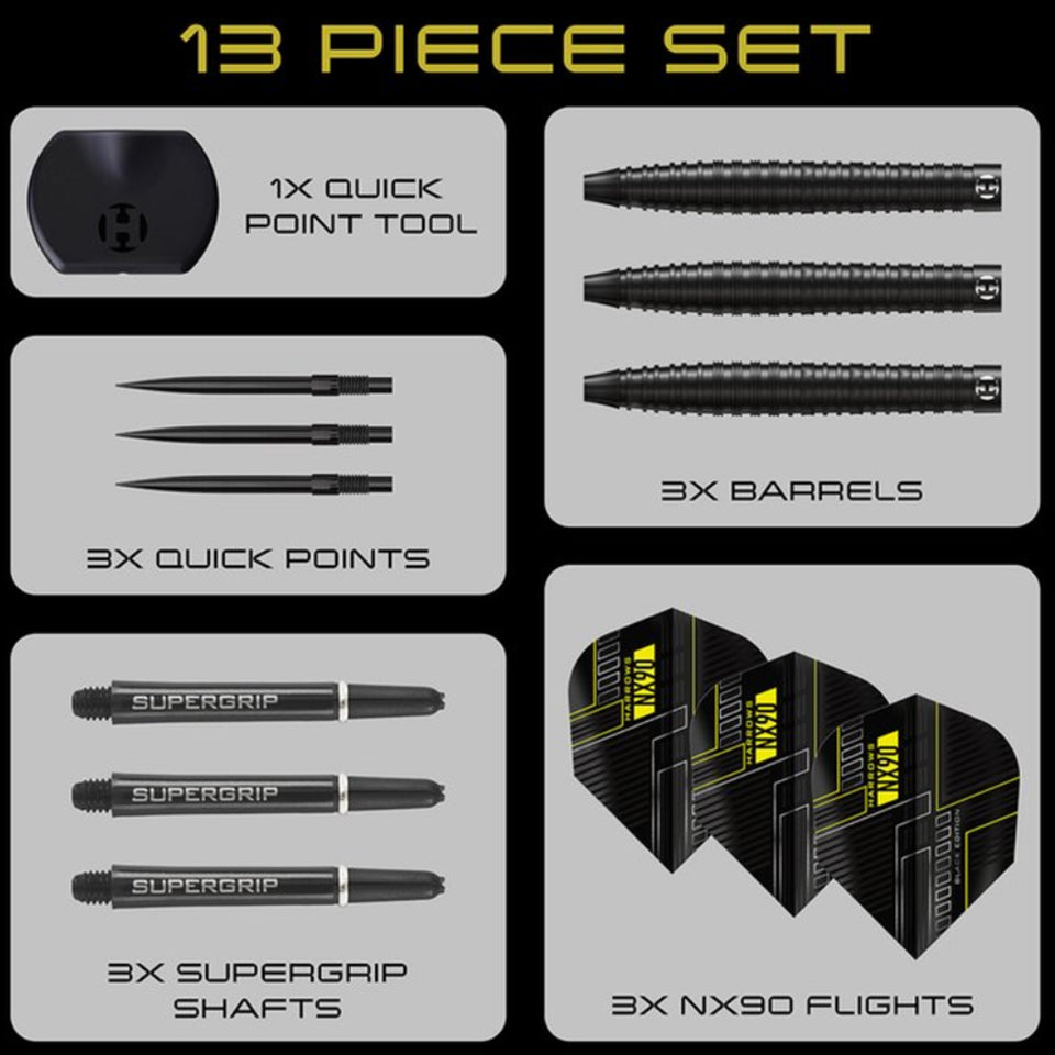 Harrows NX90 Black Tapered Quick Point Steel Tip Darts - 23gm