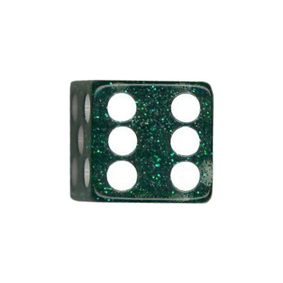 16mm Square Corner Glitter Dice - Green With White Dots