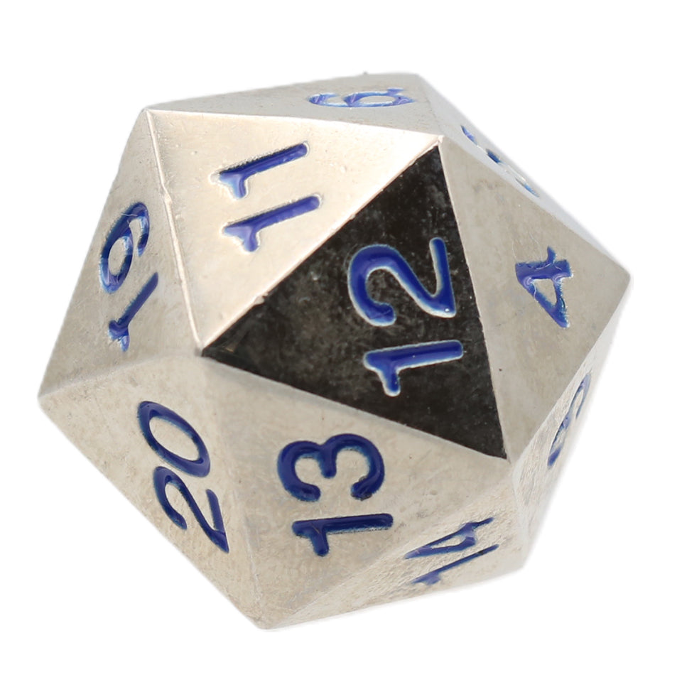 25mm Square Corner D20 Metal Dice - Blue Numbers
