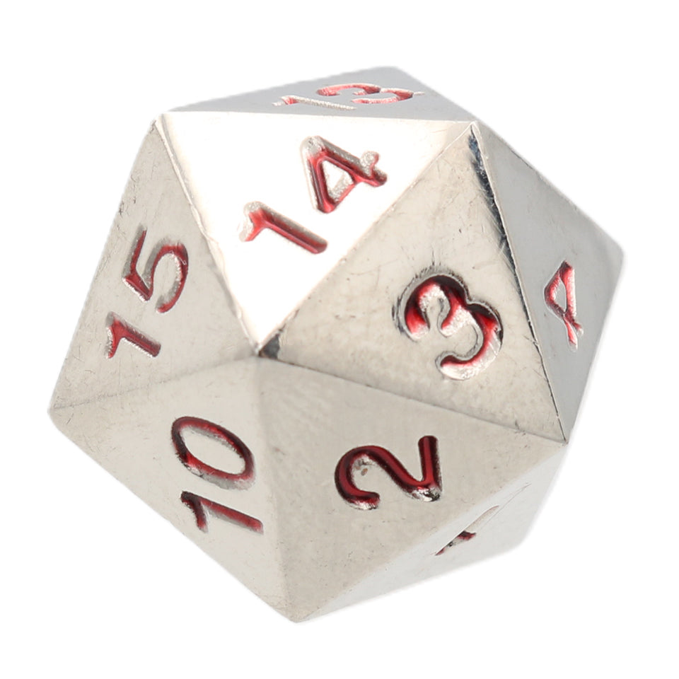 25mm Square Corner D20 Metal Dice - Red Numbers