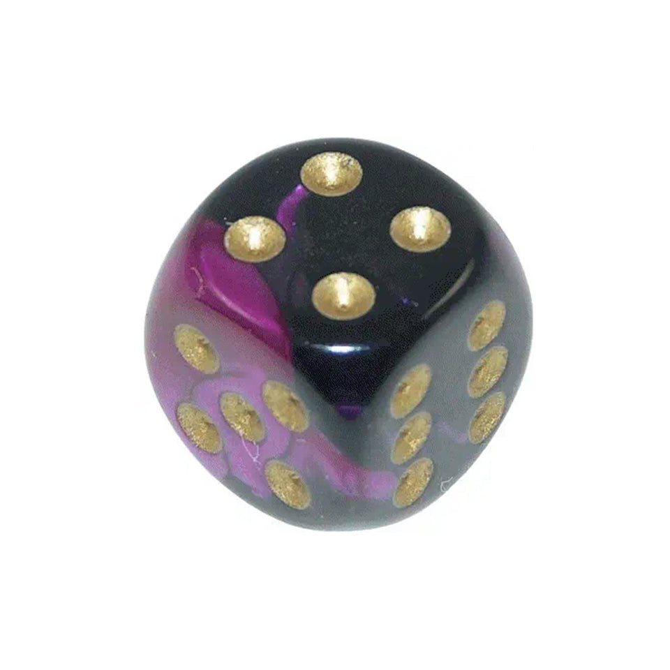 16mm Round Corner Deluxe Dice - Black & Purple With Gold Dots