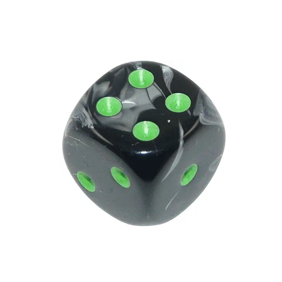 16mm Round Corner Deluxe Dice - Black & Gray With Green Dots