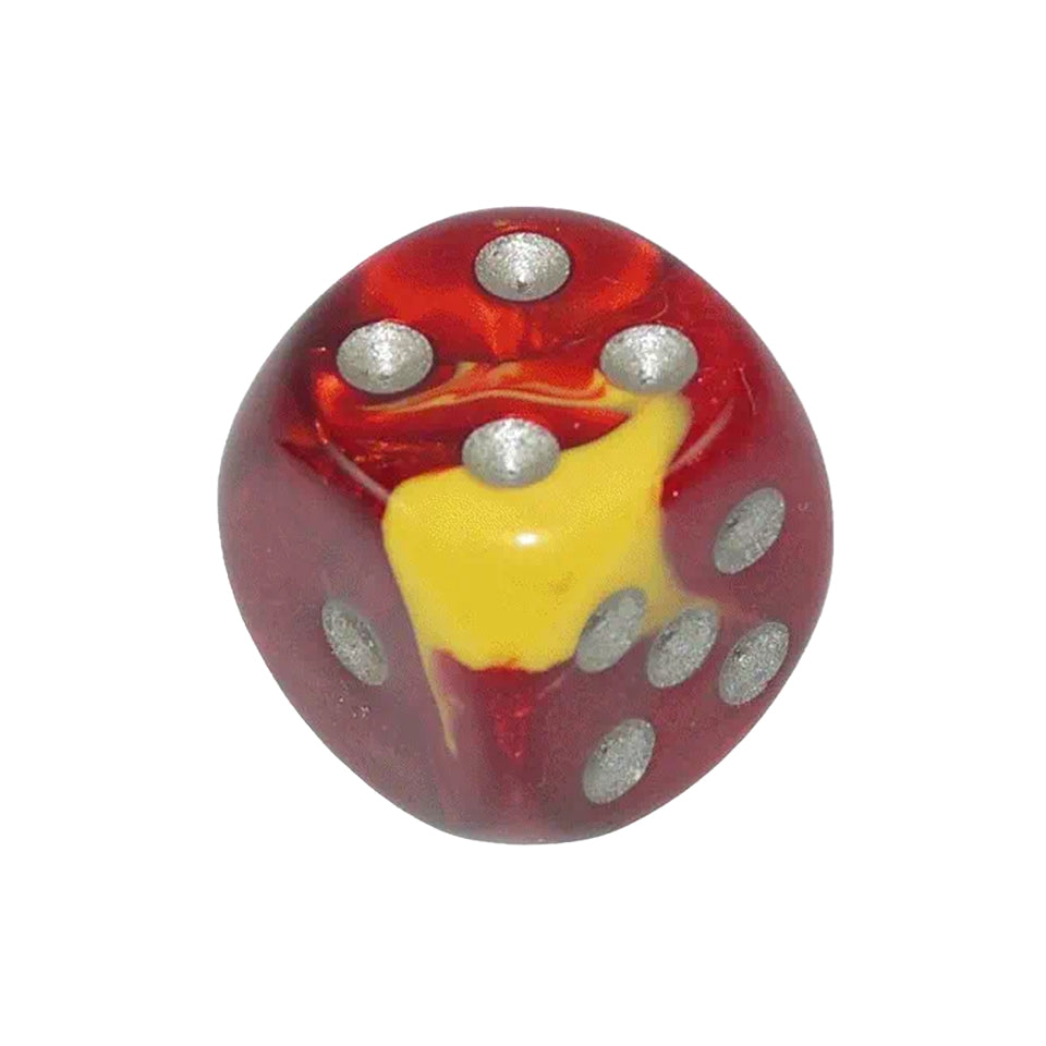 16mm Round Corner Deluxe Dice - Red & Yellow With Silver Dots