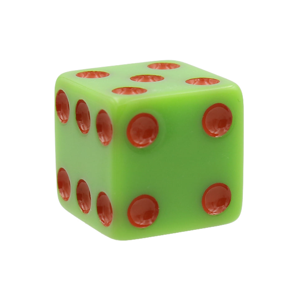 16mm Square Corner Dice -  Green With Orange Dots