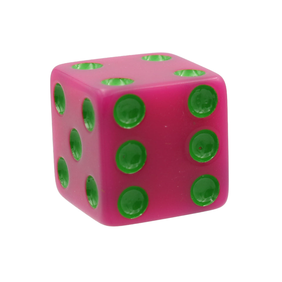 16mm Square Corner Dice -  Pink With Green Dots