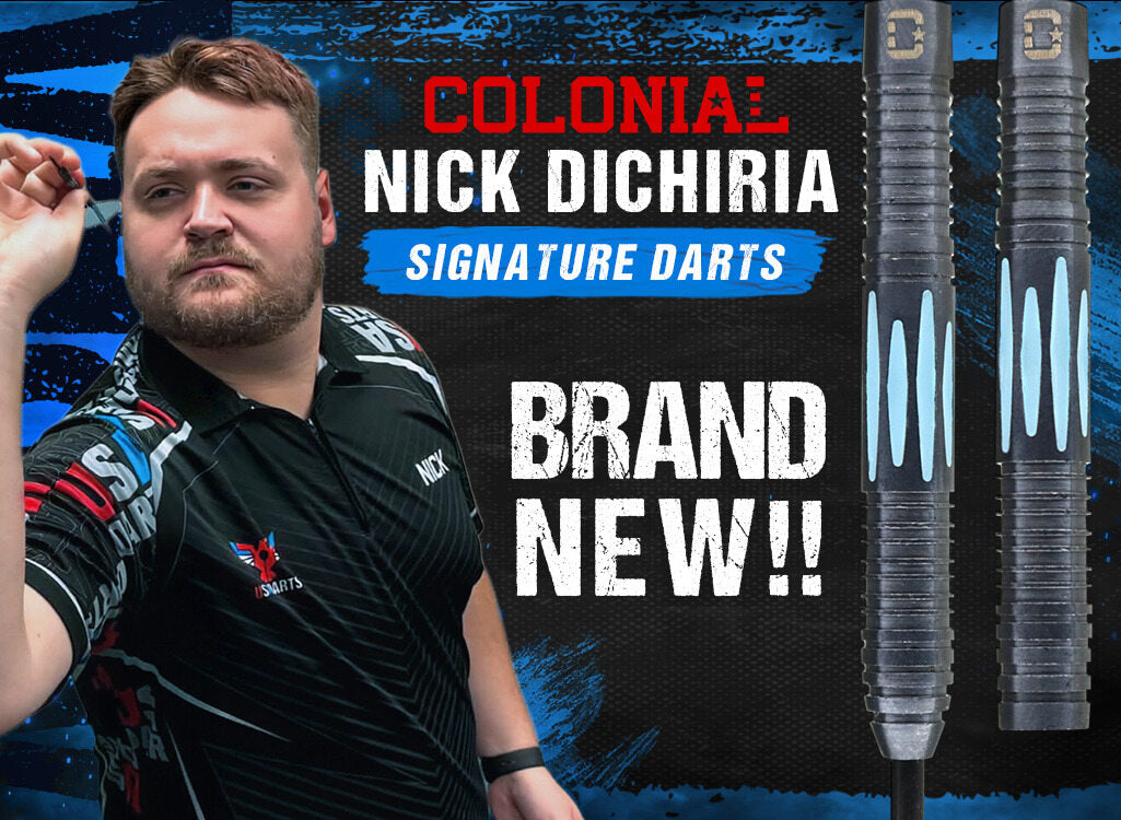 Man holding darts with 'Colonial Nick Dichiria Signature Darts' branding on a dark background