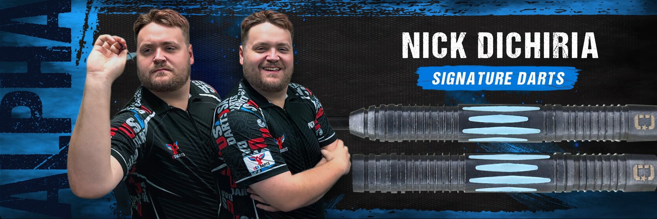 Man posing with a set of darts labeled 'Nick Dichiria Signature Darts' on a dark background.