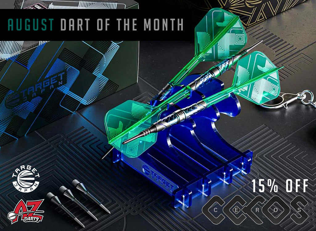 A-Z Darts August Dart of the Month promotion featuring Target Ceros with blue acrylic dart holder with three green dart cases and silver dart barrels, set against a dark circuit board background with promotional text overlays.