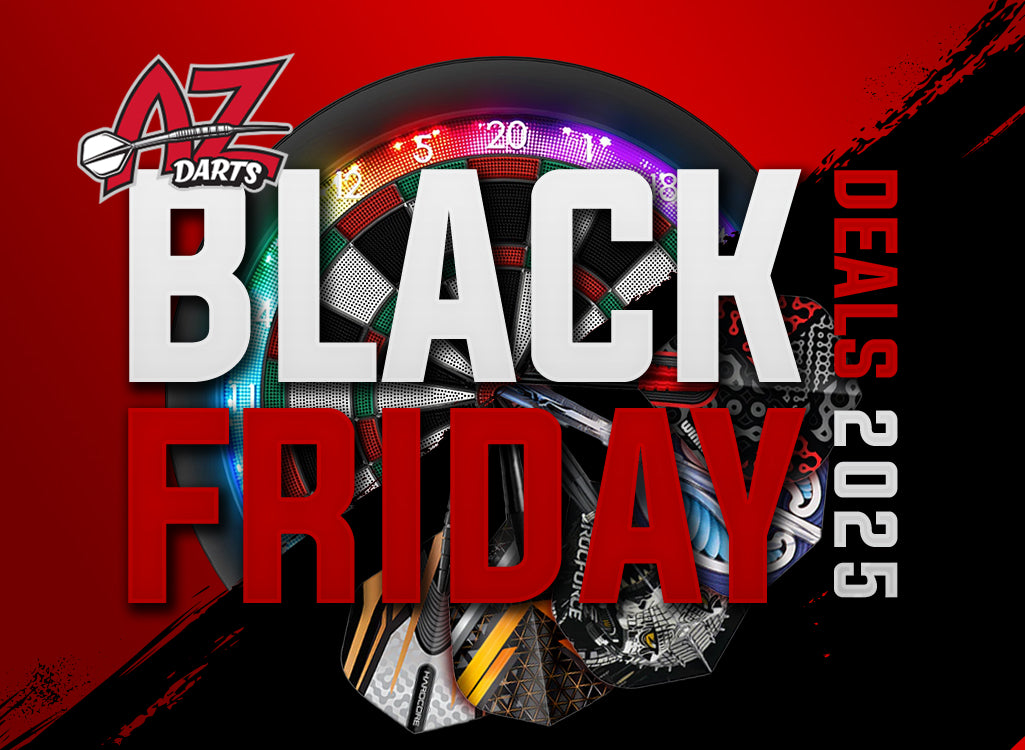 Black Friday promotional graphic with darts and 'AZ Darts' branding on a red and black background.