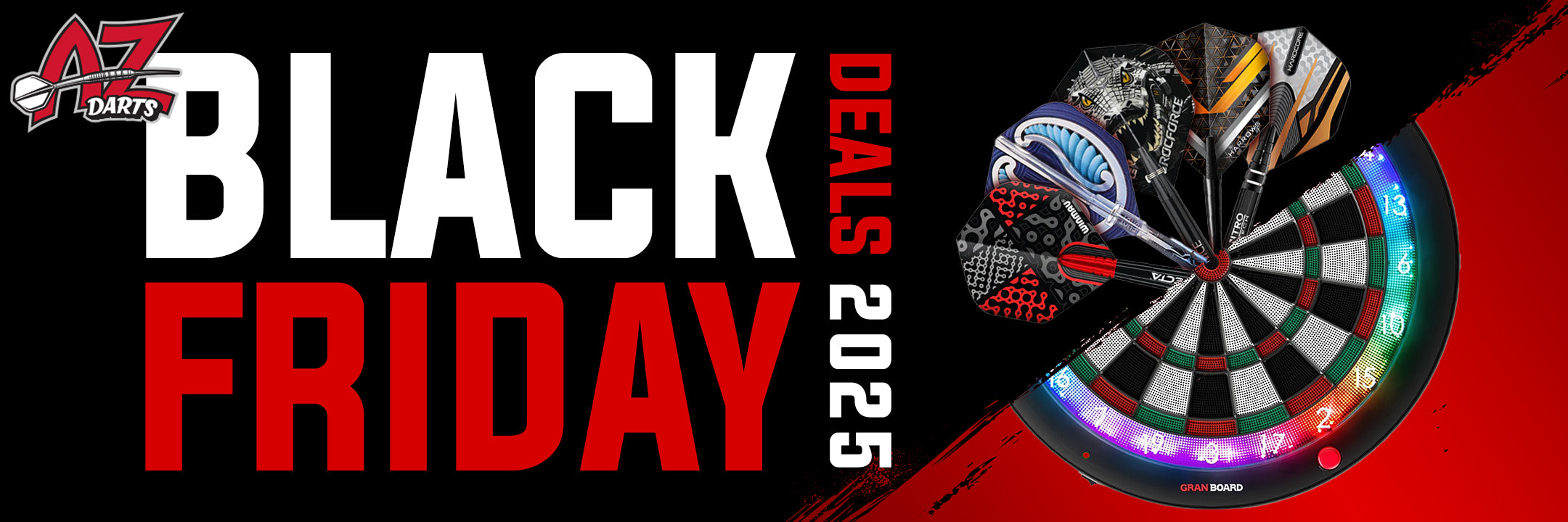 Black Friday 2025 promotional banner with a dartboard and darts on a red and black background.