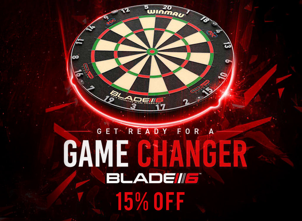 Dartboard with 'Blade 6' branding and promotional text on a dark background