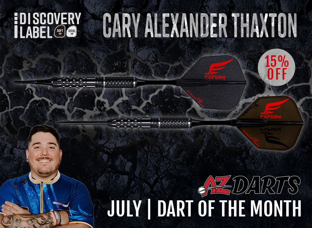 Two darts with a red and black design on a dark textured background, featuring a promotional message and a person in a blue shirt.