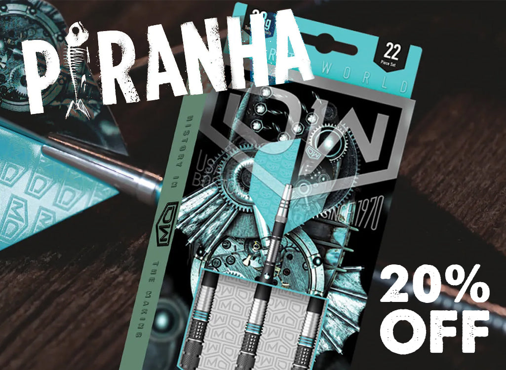 A promotional product shot for Piranha Dart World dart set, featuring teal and black darts in a branded carded package on a dark wooden background, with large white text overlays reading 'PIRANHA' and '20% OFF'.
