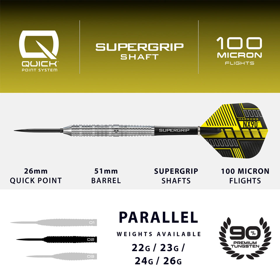 Harrows NX90 Parallel Quick Point Steel Tip Darts - 26gm