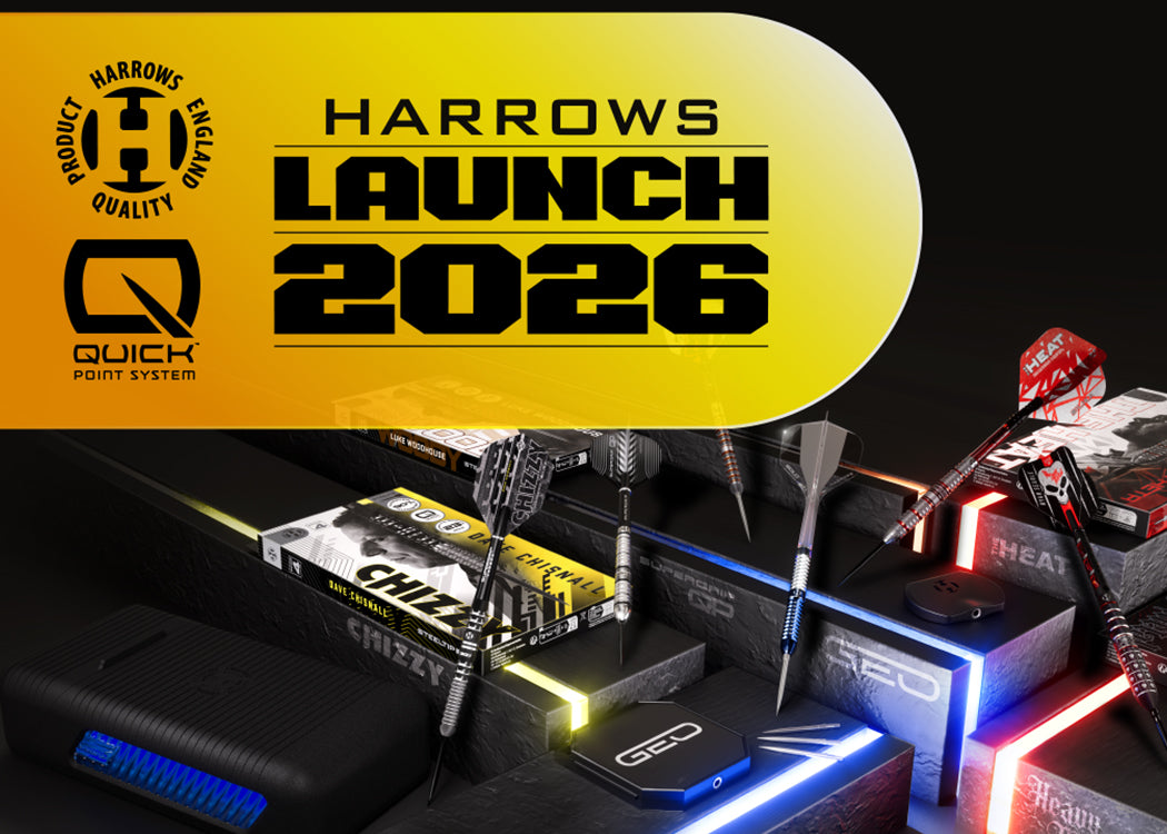 Promotional image for Harrows Launch 2026 with product display and branding elements.