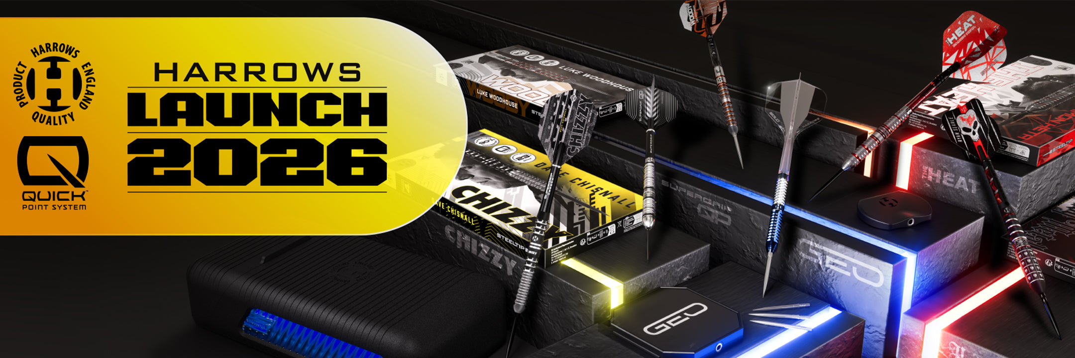 Harpers Launch 2026 advertisement with darts and dartboard on a dark background