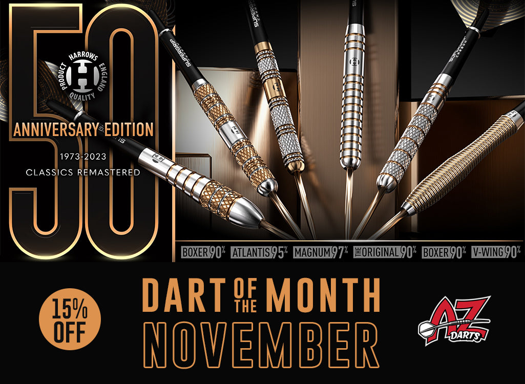 Promotional image for AZ Darts 50th Anniversary Edition darts with discount and November dart of the month text.