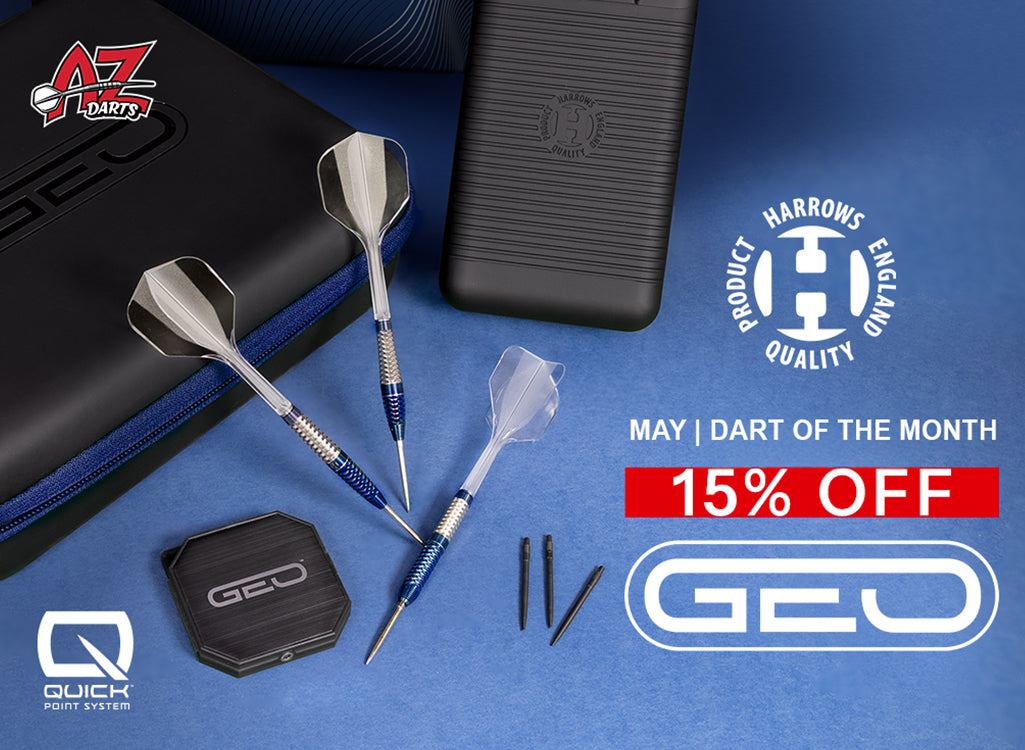 Darts with a black case on a blue background, featuring Harrows and GEO branding.