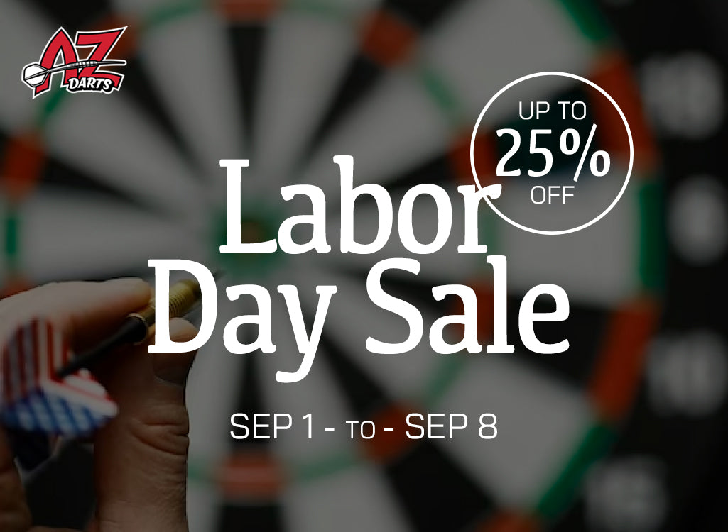Promotional graphic for a Labor Day Sale, featuring a blurred dartboard background, a hand holding darts in the lower left, and large white text reading 'Labor Day Sale' with 'UP TO 25% OFF' and 'SEP 1 - TO - SEP 8'.